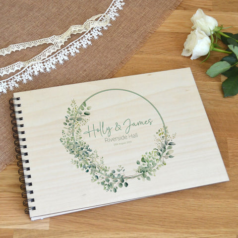Personalised Wedding Guest Book with Wooden Cover Fresh Eucalyptus