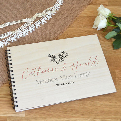 Personalised Wedding Guestbook with Wooden Cover Romantic Elegance
