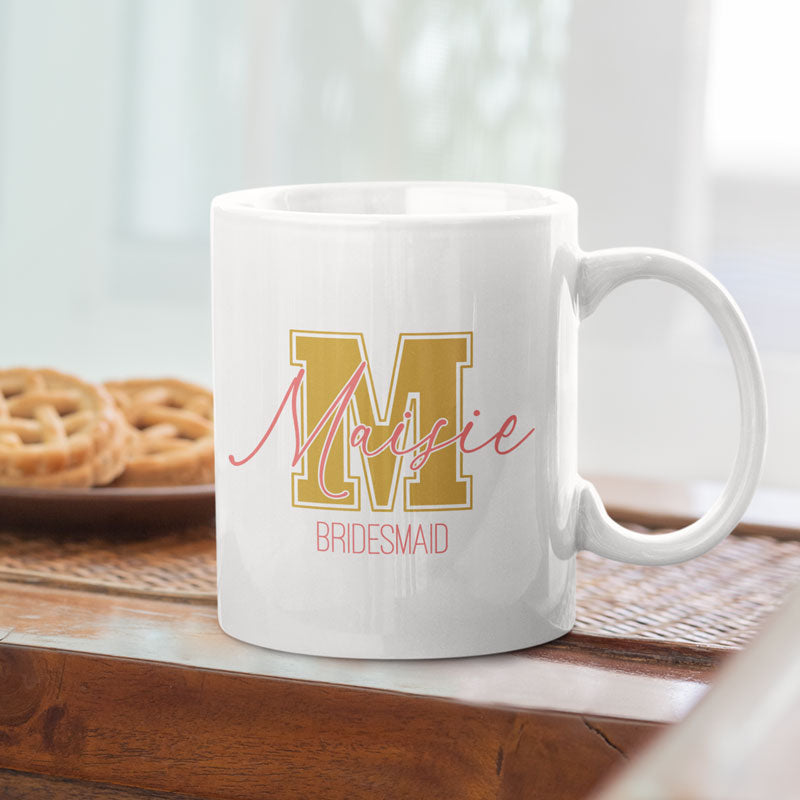 personalised bridesmaid mug with gold and pink monogram