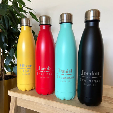Personalised wedding water bottles for stag dos. Engraved with best man, groom, groomsman or usher.