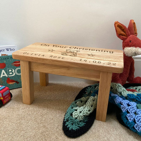 Personalised Child's Stool with Rectangular Wooden Christening Engraved Design