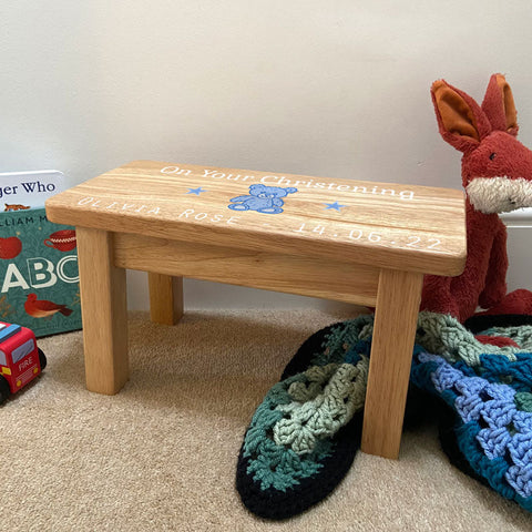 Personalised Child's Wooden Stool for Christening with Pink or Blue Teddy Bear Print
