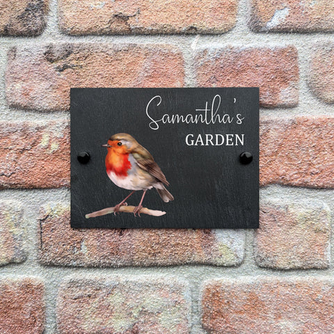 Bespoke British Robin Illustrated Slate Garden Marker - Personalised Outdoor Elegance