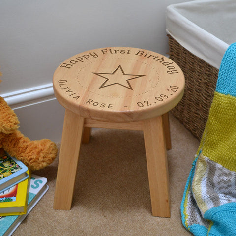 Custom Engraved Wooden Stool for First Birthday - Personalised Child's Gift