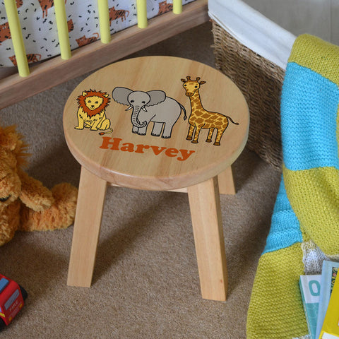 Custom Solid Wood Children's Stool with Safari Animal Design - Personalised Kid's Seating