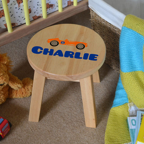 Custom Engraved Solid Wood Children's Stool with Race Car Design - Personalised Kid's Racing Seat