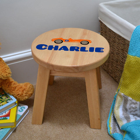 Custom Engraved Solid Wood Children's Stool with Race Car Design - Personalised Kid's Racing Seat