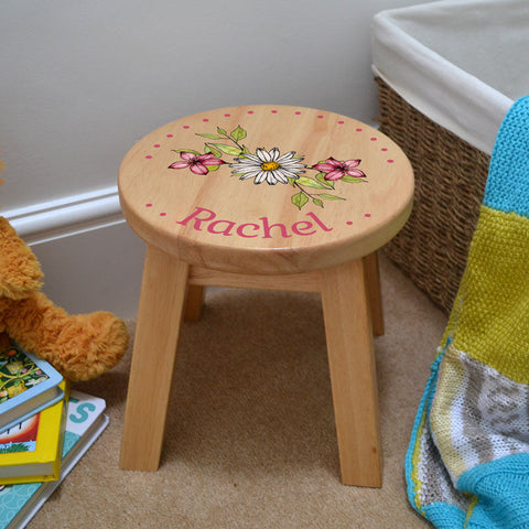 Custom Engraved Solid Wood Children's Stool with Flower Pattern - Personalised Seating for Kids
