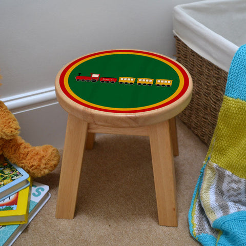 Custom Engraved Solid Wood Children's Stool with Steam Train Design - Personalised Kid's Railway Seat