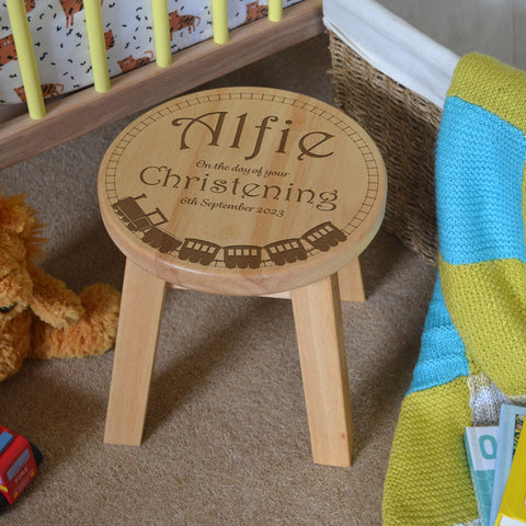 Custom Train Set Toddler Stool - Personalised Christening Gift for Kids