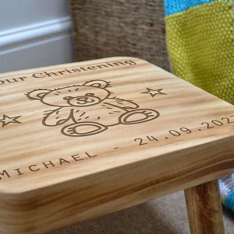 Personalised Solid Wood Christening Stool for Children - Custom Gift