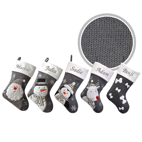 Luxury Deluxe Dark Grey Knitted Personalised Embroidered Christmas Stocking Santa / Snowman / Reindeer