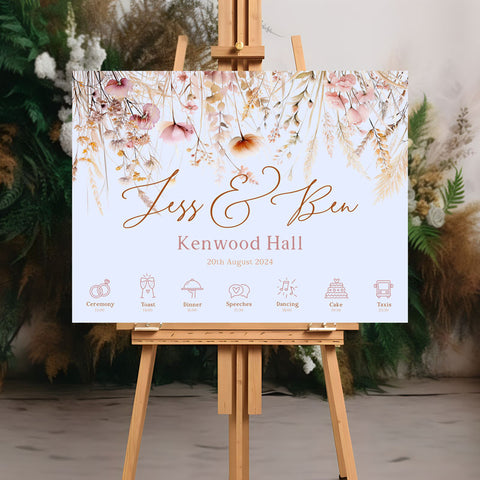 Personalised Wedding Sign Wildflower Meadow Theme with Event Timings