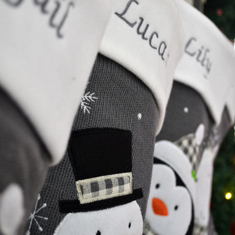 Luxury Deluxe Dark Grey Knitted Personalised Embroidered Christmas Stocking Santa / Snowman / Reindeer