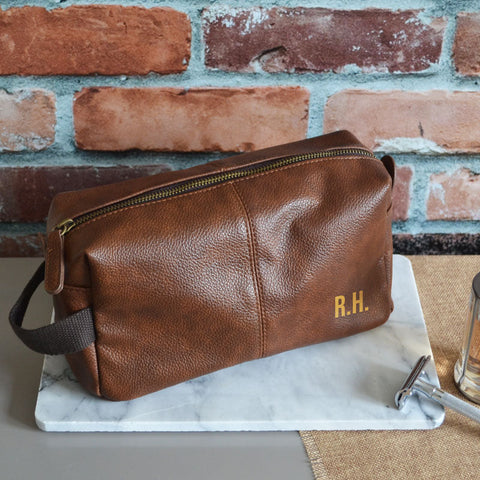 Personalised mens wash bag made from brown Nuhide