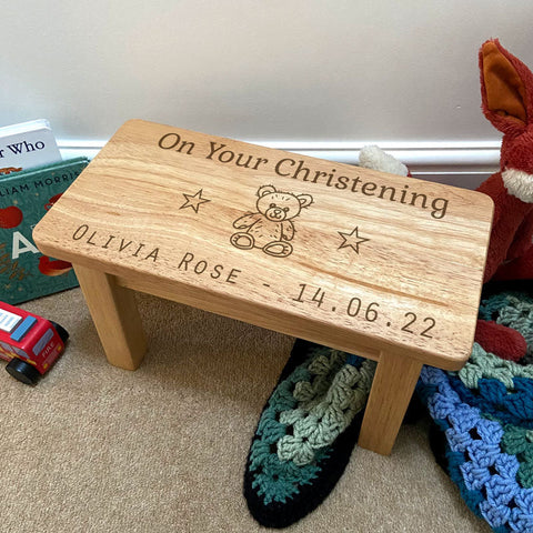 Personalised Child's Stool with Rectangular Wooden Christening Engraved Design