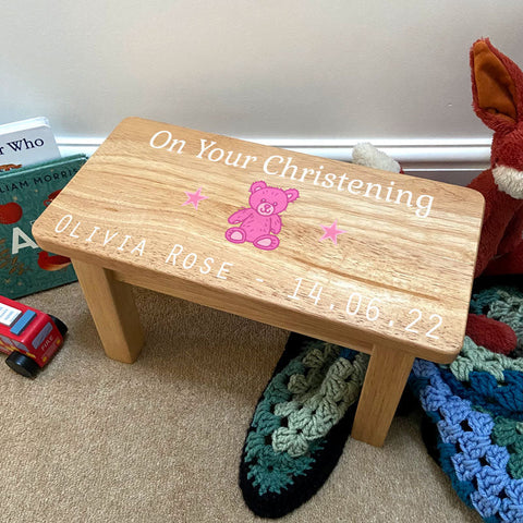 Personalised Child's Wooden Stool for Christening with Pink or Blue Teddy Bear Print