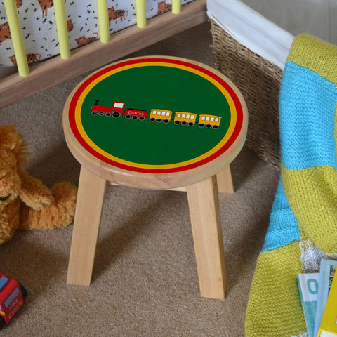 Custom Engraved Solid Wood Children's Stool with Steam Train Design - Personalised Kid's Railway Seat