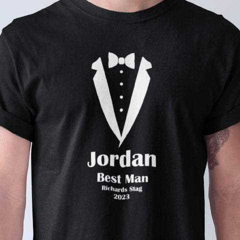 Personalised Stag Do T-Shirt Tops Tuxedo Style Design with Location, Name, Role & Date