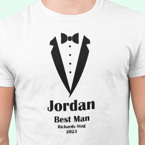 Personalised Stag Do T-Shirt Tops Tuxedo Style Design with Location, Name, Role & Date