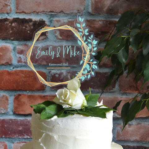 Personalised Wedding Cake Topper Clear Acrylic Hexagon Sage Green Leaves