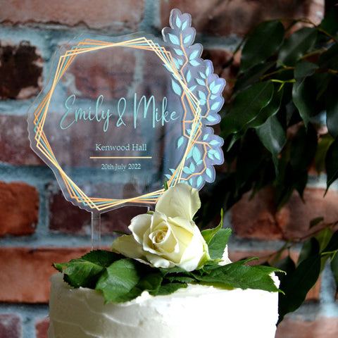 Personalised Wedding Cake Topper Clear Acrylic Hexagon Sage Green Leaves