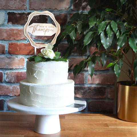 Personalised Wedding Cake Topper Birch Wood Hexagon